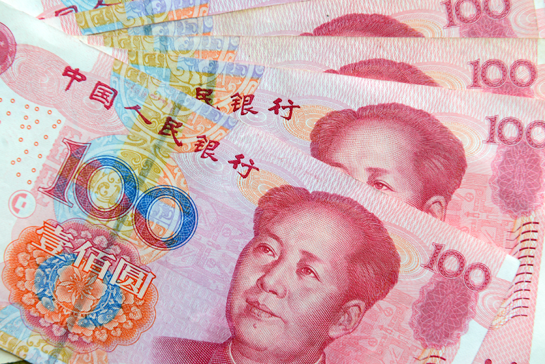 partial view of Chinese currency Yuan Renminbi