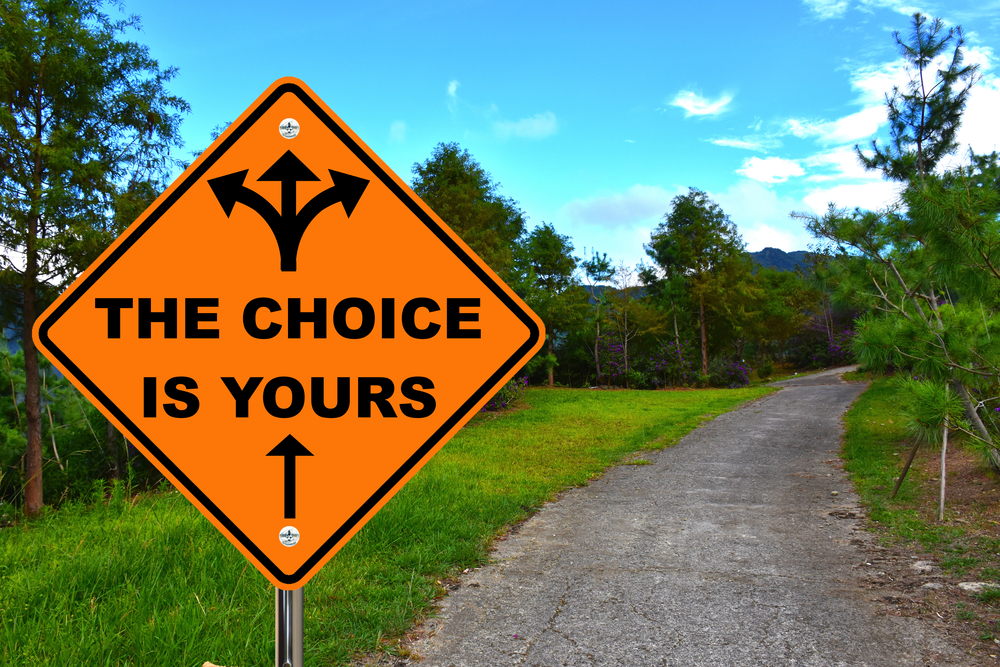 orange road sign with arrows pointing in different directions indicating multiple choices